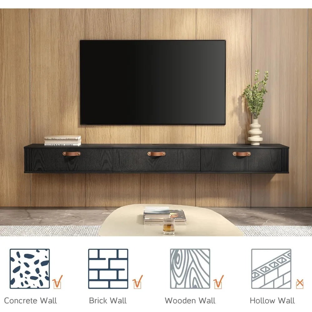 Floating TV stand, wall mounted, wooden media console entertainment center, with cabinet, 70 inch floating TV stand