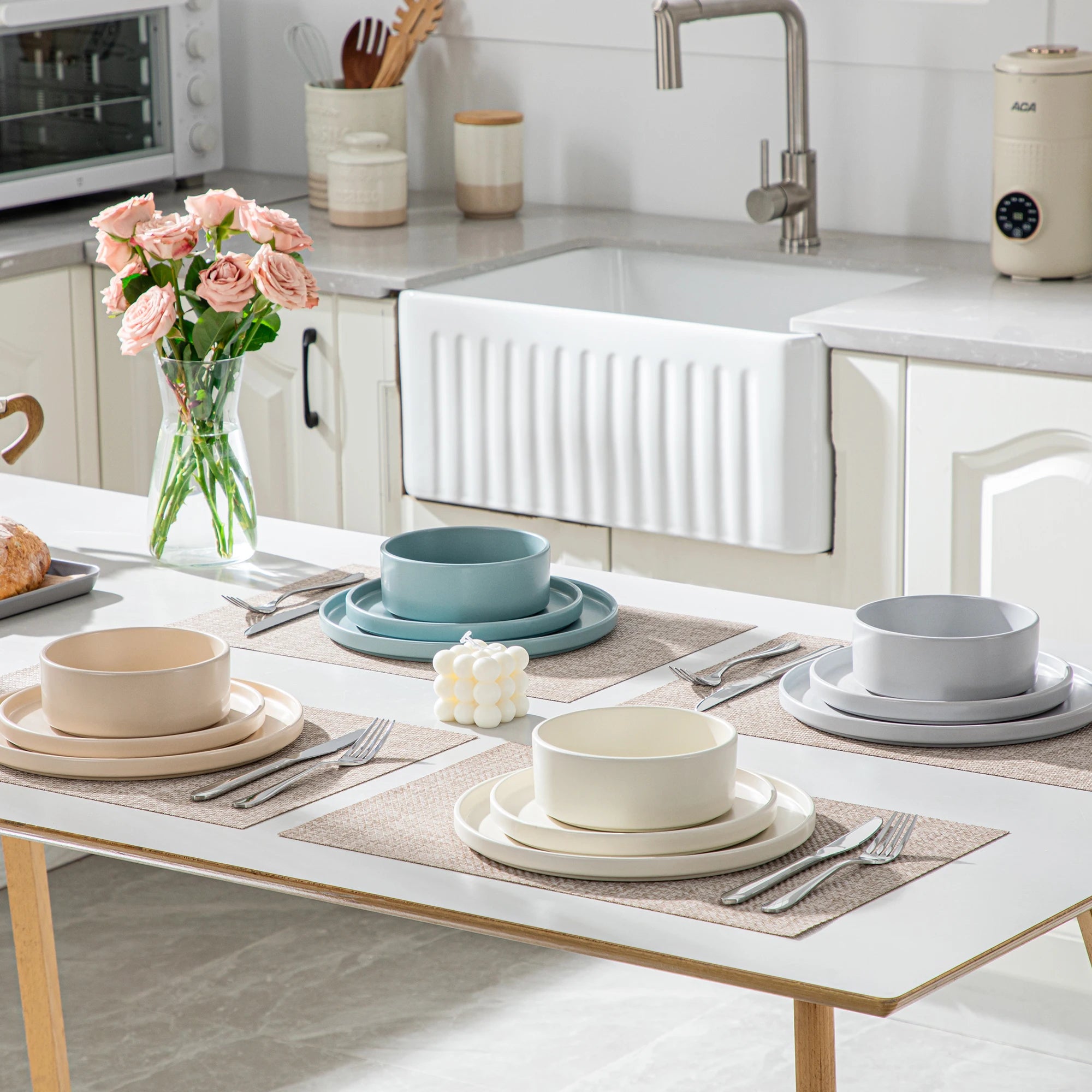 vancasso 12/24 Pcs Stoneware Dinnerware Set Mix-color Tableware Set with 4pcs Dinner Plate/Dessert Plate/Bowl For 4/8/12