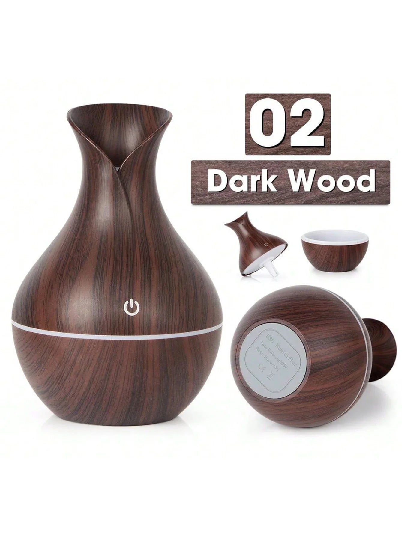 7-Color LED Humidifier Vase, 200ML Wood Grain Household Humidifier, Silent Aromatherapy Diffuser for Summer, Office & Indoor Use