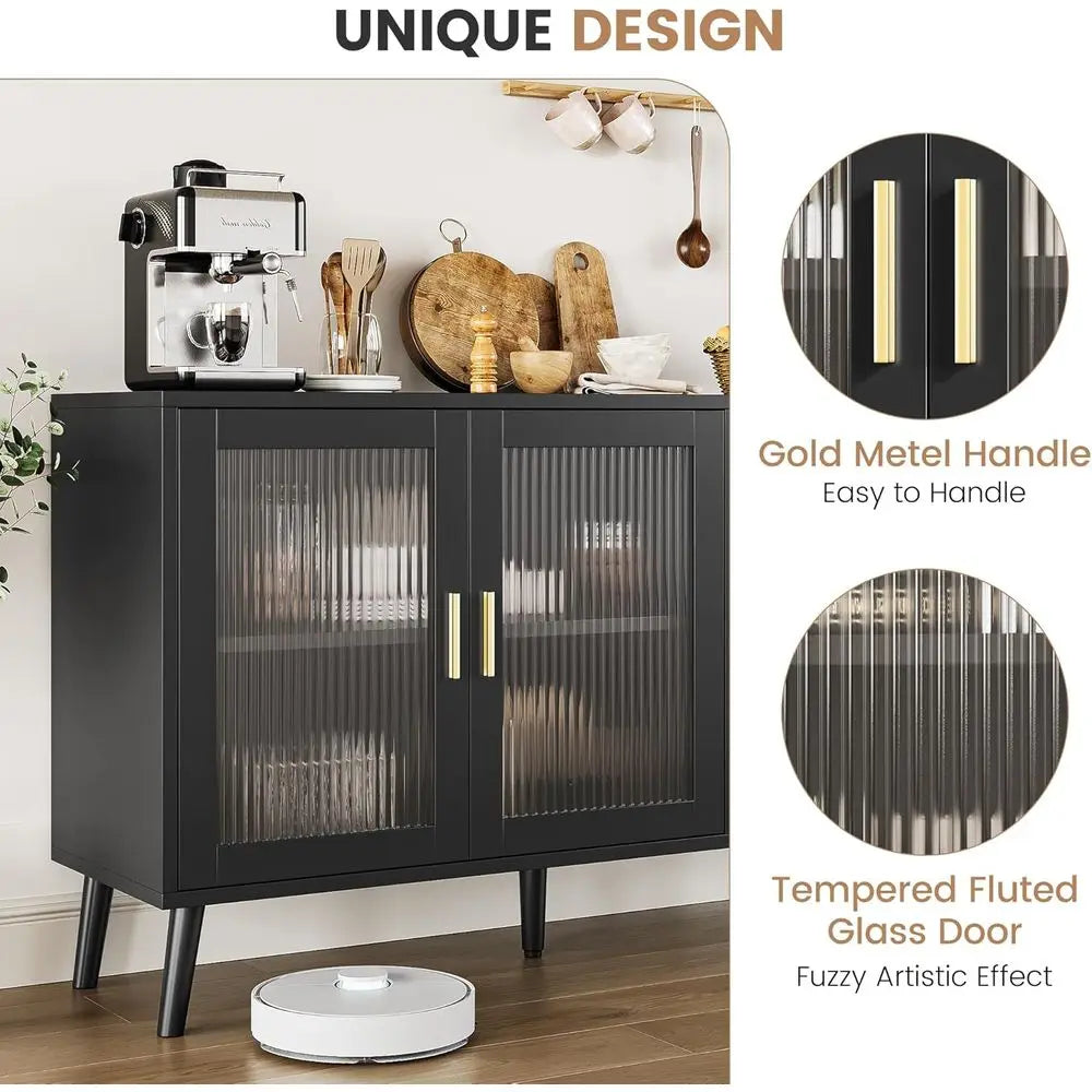 Black Kitchen & Dining Sideboard with Fluted Glass Doors and Storage Drawers