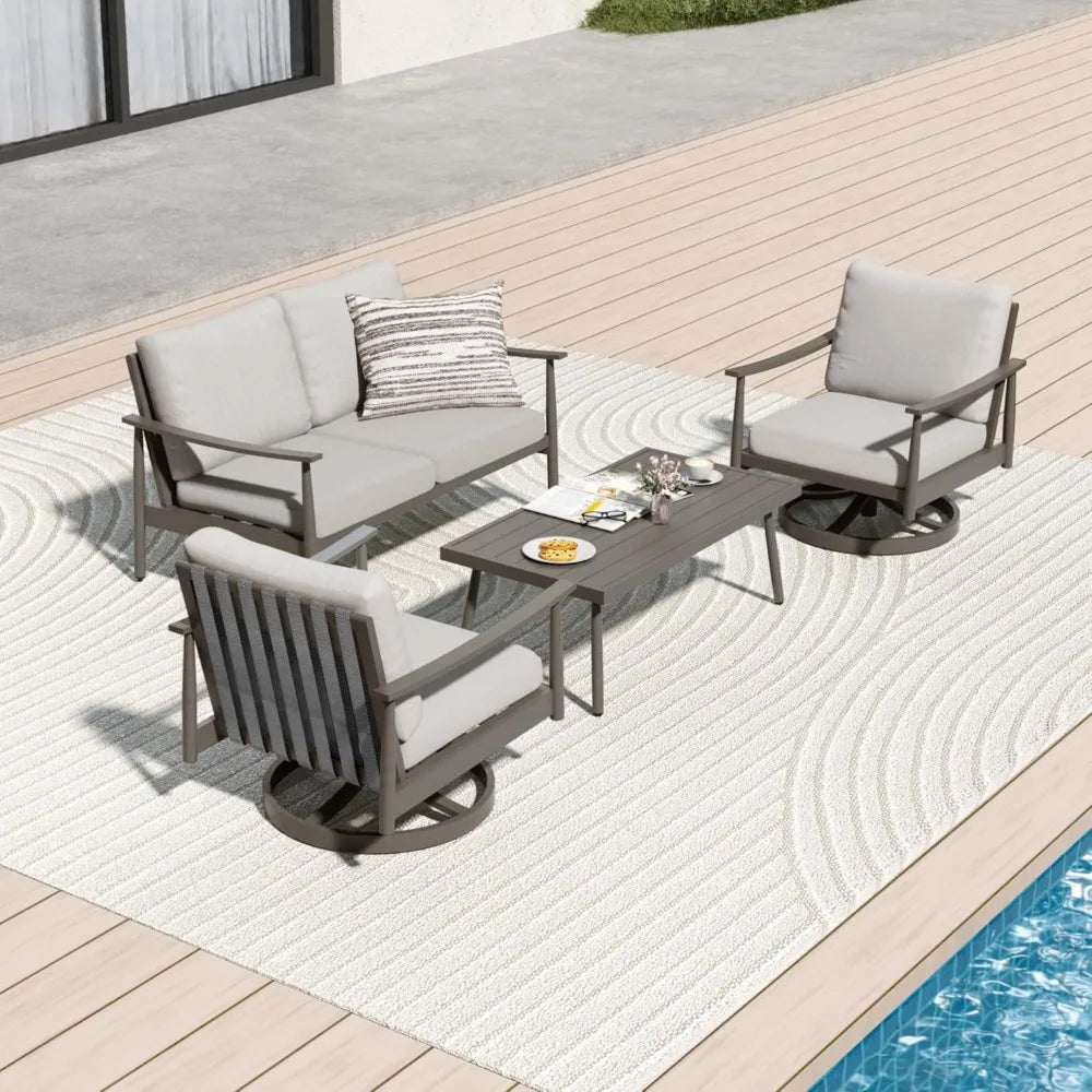 4 Pieces Patio Furniture Set, Aluminum Outdoor Patio Furniture Sets, 2 Swivel Chairs and Loveseat with Thick Cushion, Patio Conv