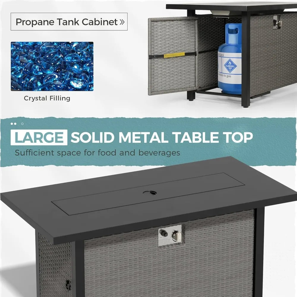 45 Outdoor Propane Gas Fire Pit Table, 50000 BTU Rectangle Rattan Propane Fire Table for Garden, Backyard, Deck Patio
