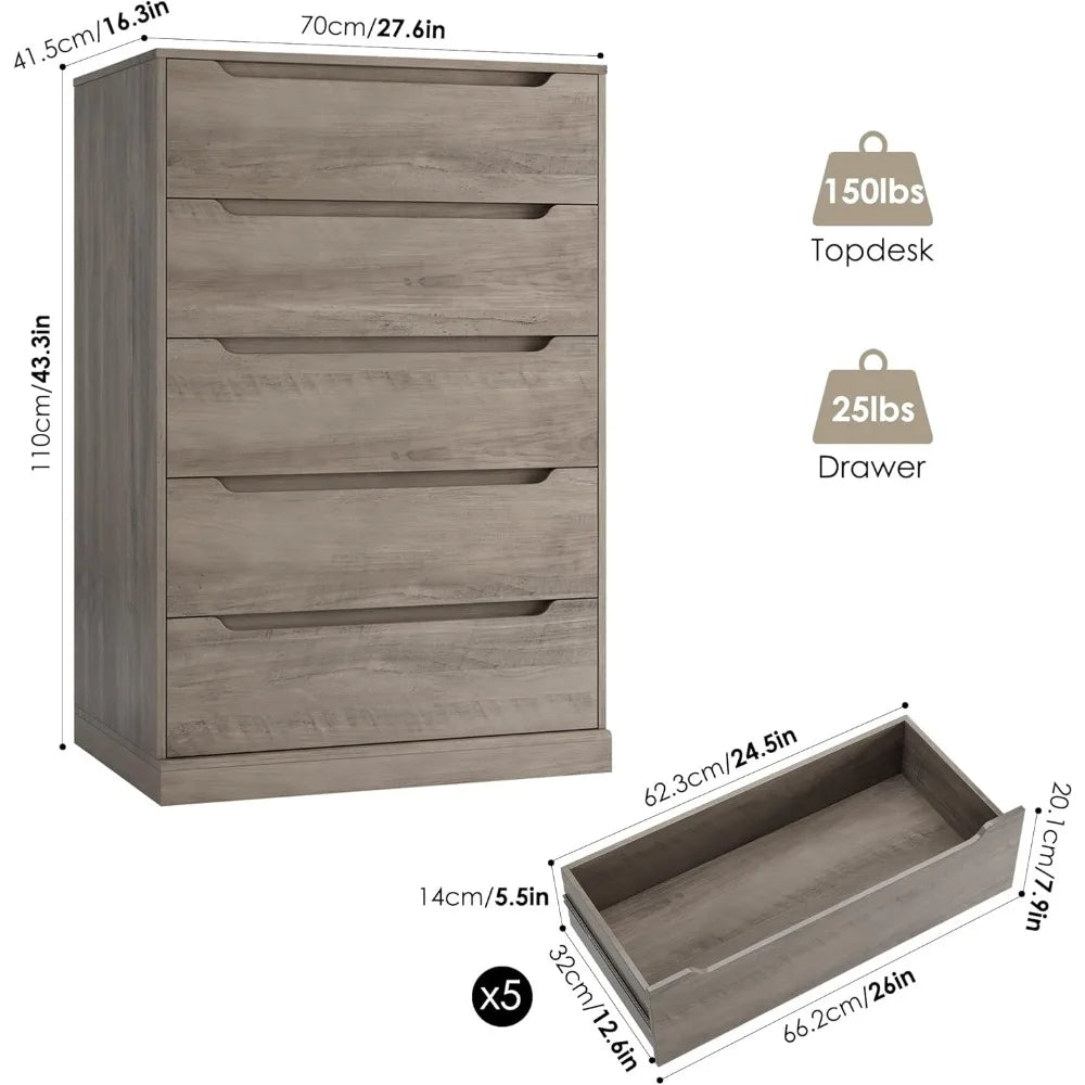 HOSTACK 43.3 Tall Modern 5 Drawer Dresser for Bedroom, Large Chest of Drawers with Storage, Wood Clothes Storage Organizer