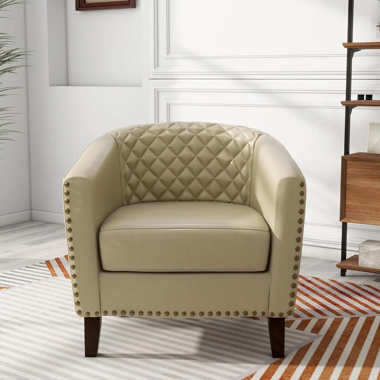 Pia Ricco Faux Leather Barrel Accent Chair – Modern Club Armchair with Wood Legs