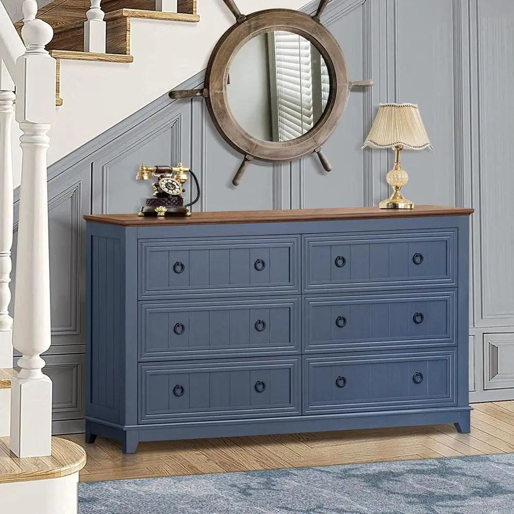 Farmhouse Style 54 Wide 6-Drawer Wood Dresser, Vintage Navy Blue Storage Chest for Bedroom, Living Room, and Hallway