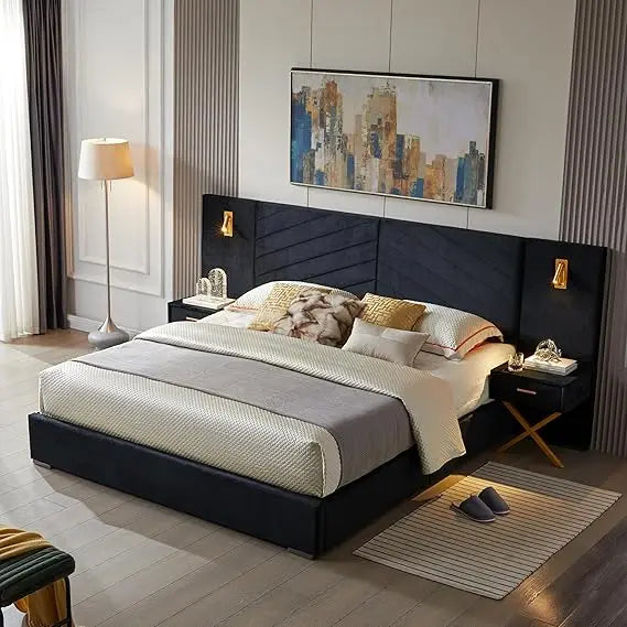 Luxurious King Platform Bed Frame – Velvet Upholstered Headboard with Built-In Sconces & Nightstands