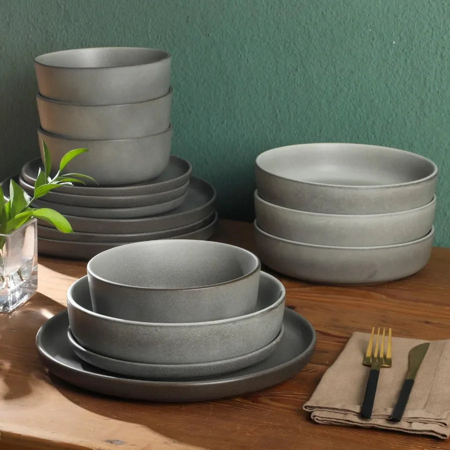 Pasco 16 Piece Service for 4 Plates and Bowls Double Bowl Reactive Glaze Dishes Stoneware Ceramic Dinnerware Set Grey