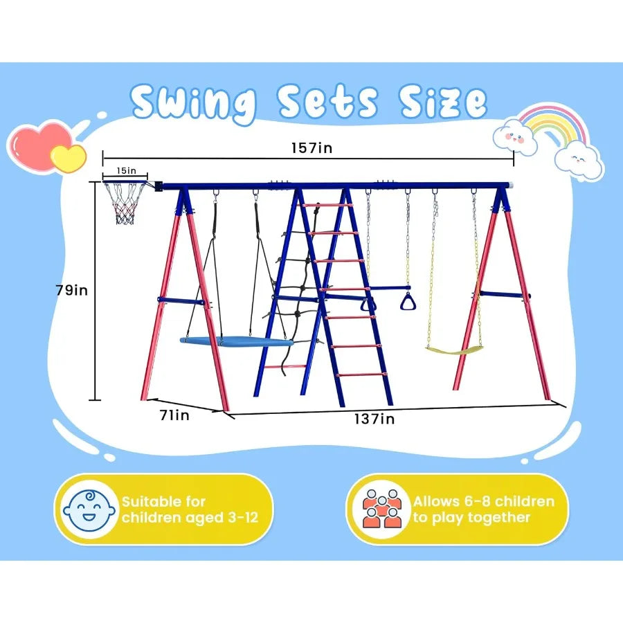 6-in-1 Heavy-Duty Metal Swing Set – Outdoor Backyard Playset for Kids