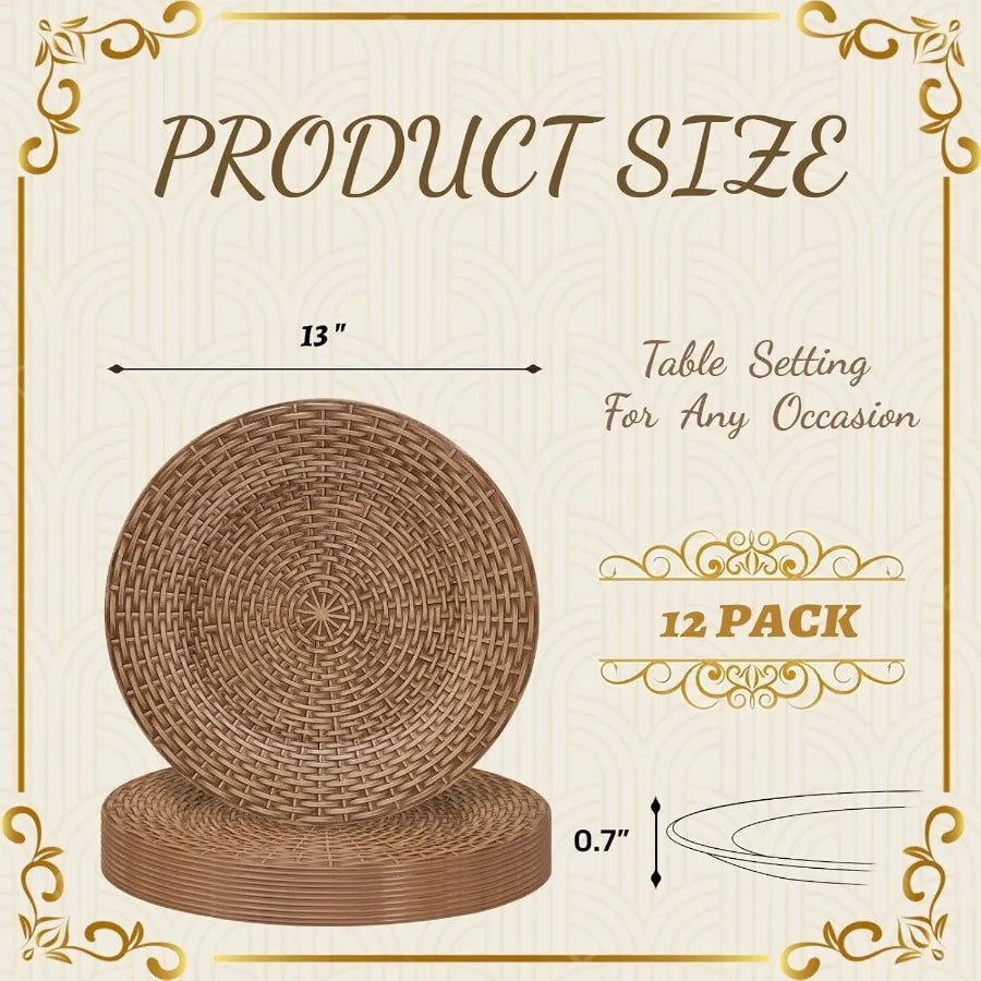 Faux Rattan Charger Plates – Set of 12, 13″ Round Brown Table Chargers