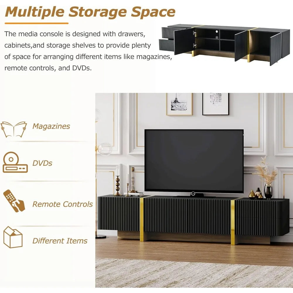 Luxury Fluted TV Stand with Storage Cabinets & Drawers, Smooth Media Console with Golden Wood Grain Legs, 75" L x 14" W x 18" H