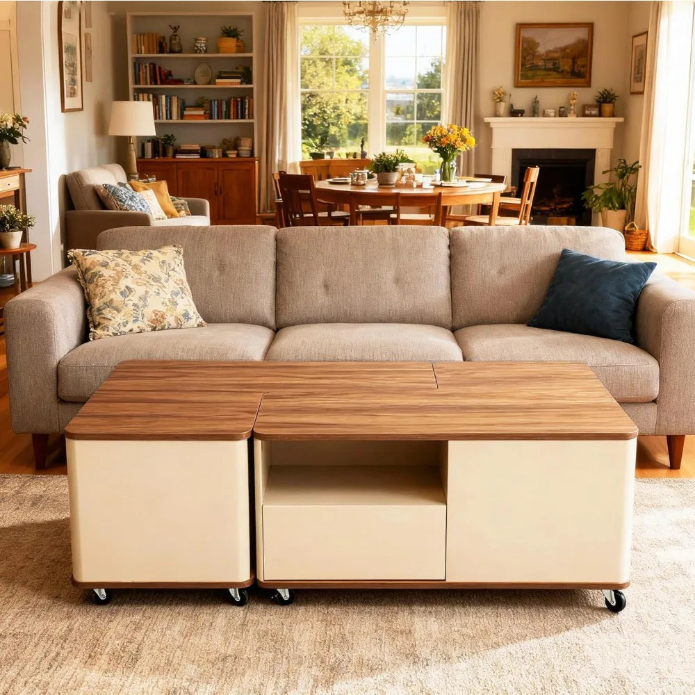 Farmhouse Convertible Coffee Table with Wheels & Storage – Large Wooden Center Table