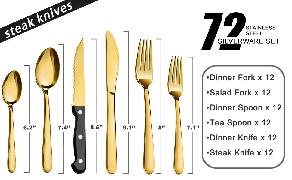 72-Pcs Gold Silverware Sets, Flatware Set with Steak Knives, Stainless Steel Cutlery Set, Include Forks Spoons and Knives Set.