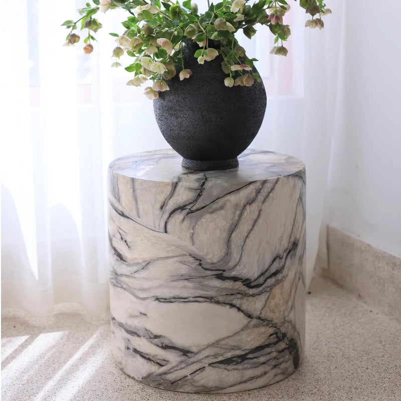 Black White Side Tables Cylindrical Imitate Marble Flowerpot Stand Artistic Coffee Table for Living Room Modern Sofa End Tables