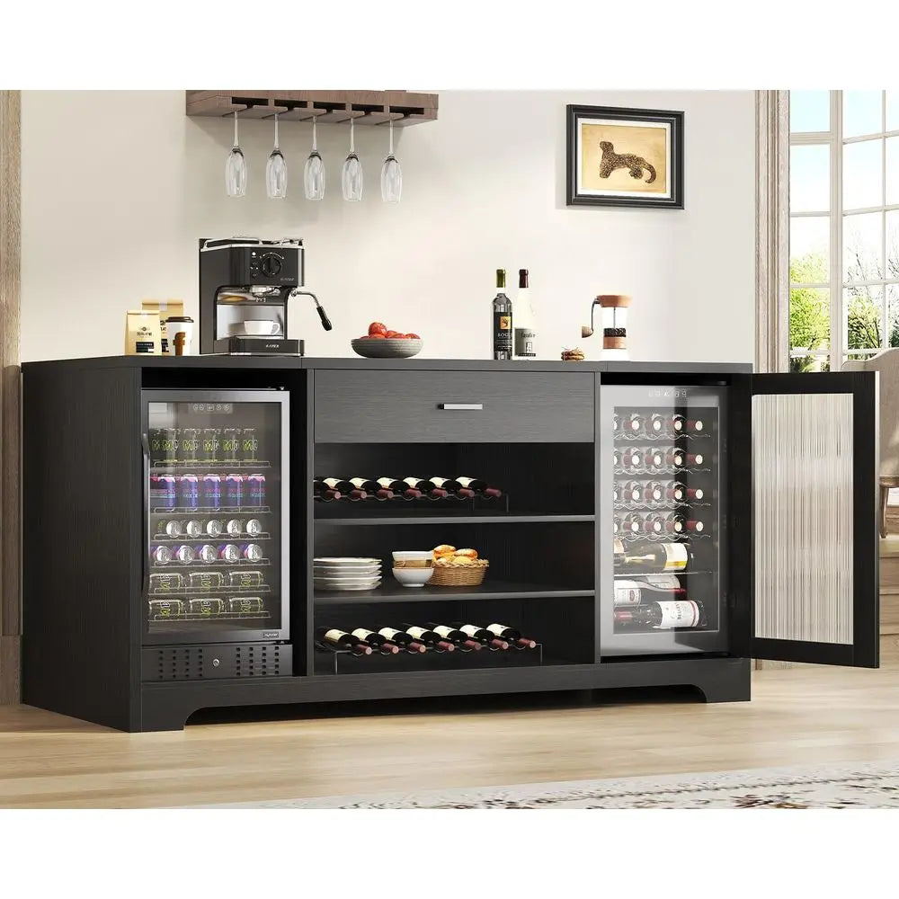 Long Bar Cabinet with Fridge Space – Modern Wood Coffee, Wine & Liquor Sideboard