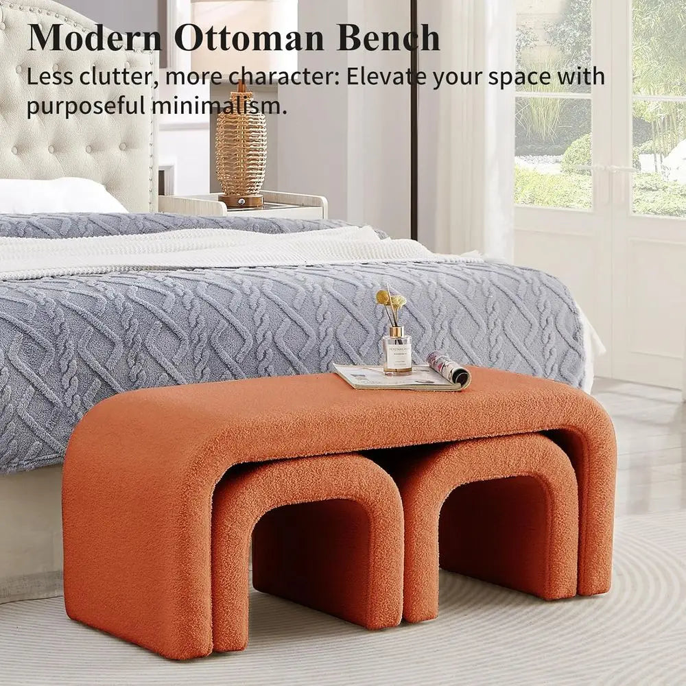 Modern Orange Ottoman Set – 3-Piece Bed Bench with Matching Footstools