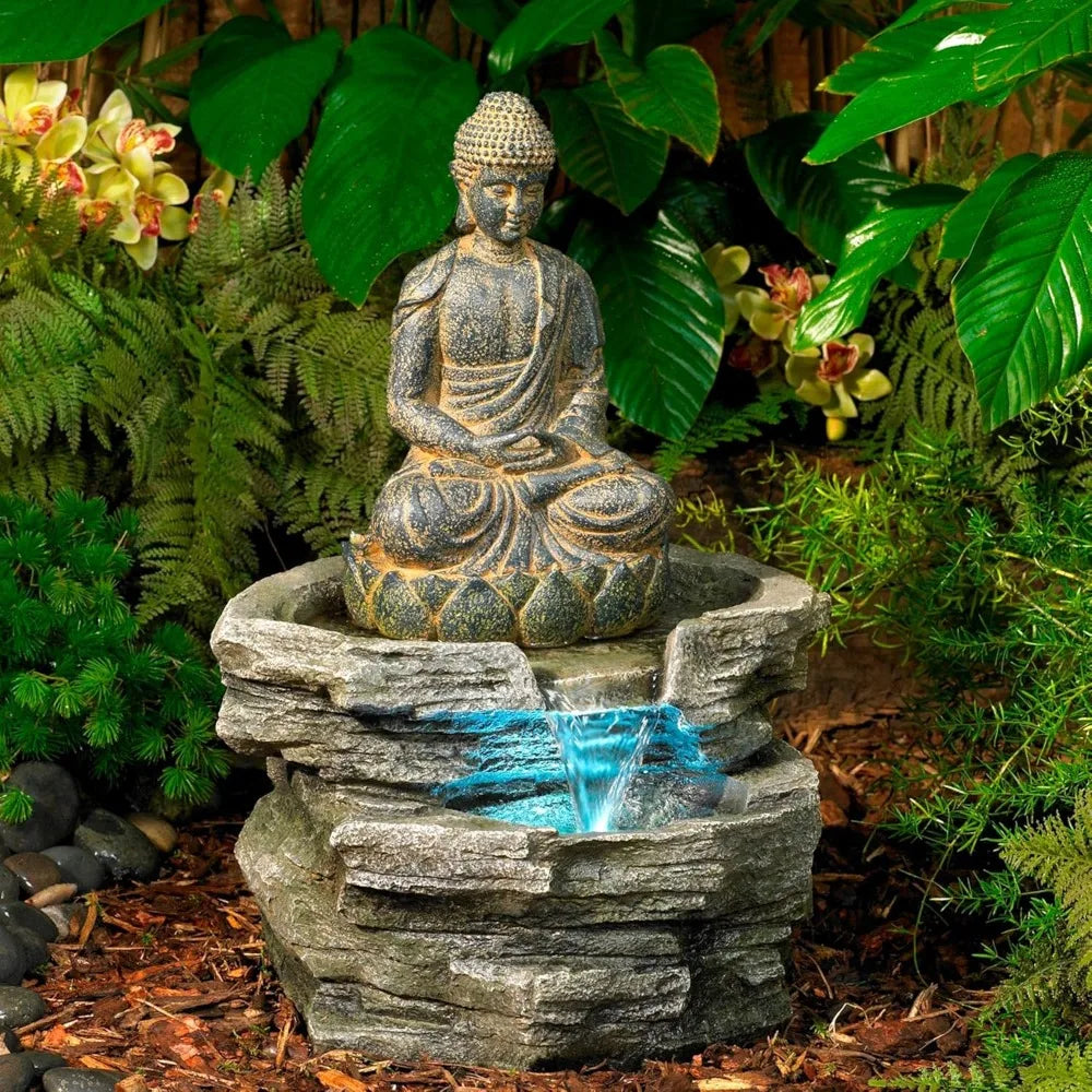 Large 21-Inch Zen Asian Style Indoor Outdoor Buddha Statue with Faux Stone Floor Fountain, LED Lighted Waterfall Feature