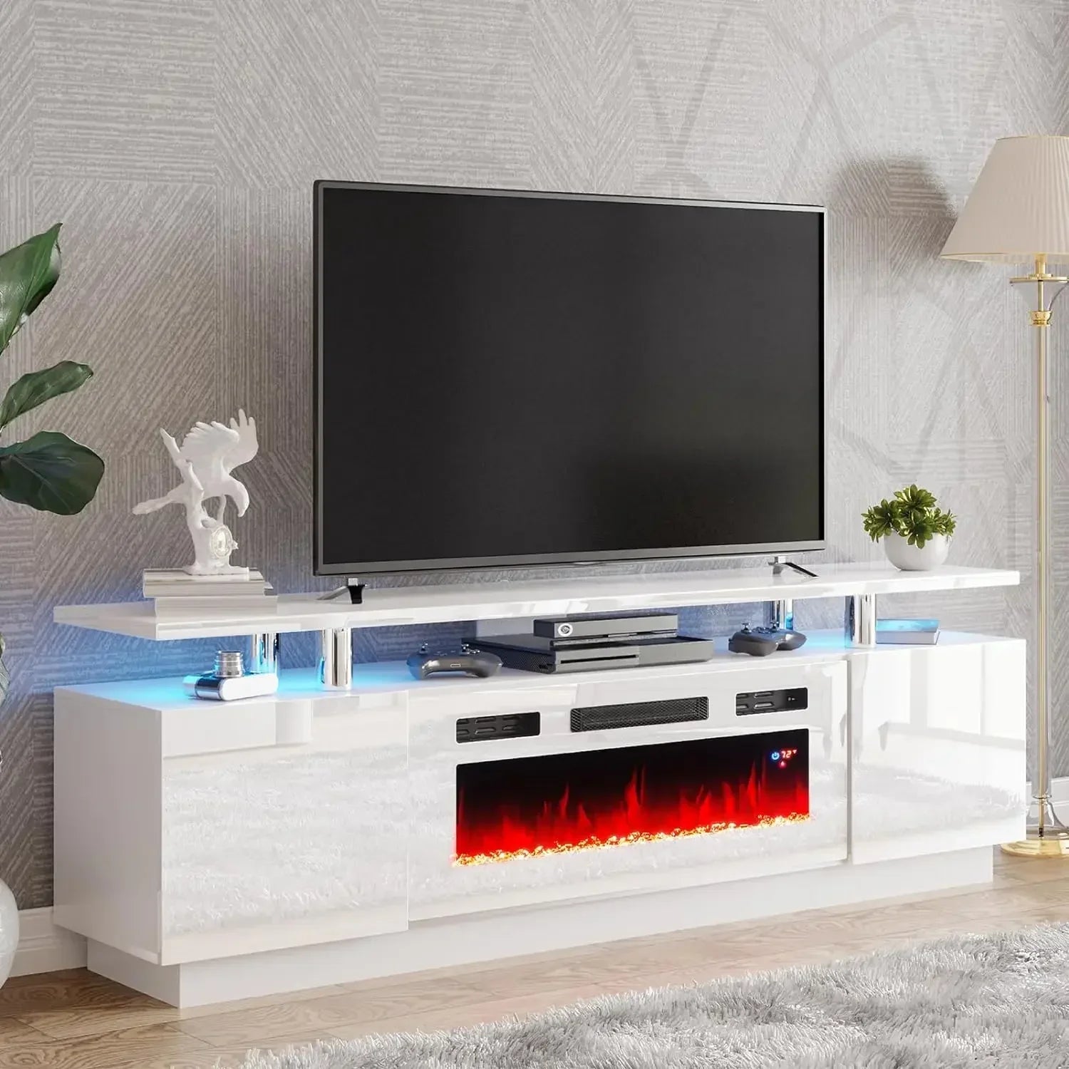 Fireplace TV Stand for 80 "TVs, LED Light, Entertainment Center, 2-Tier Storage", High Gloss, 70"
