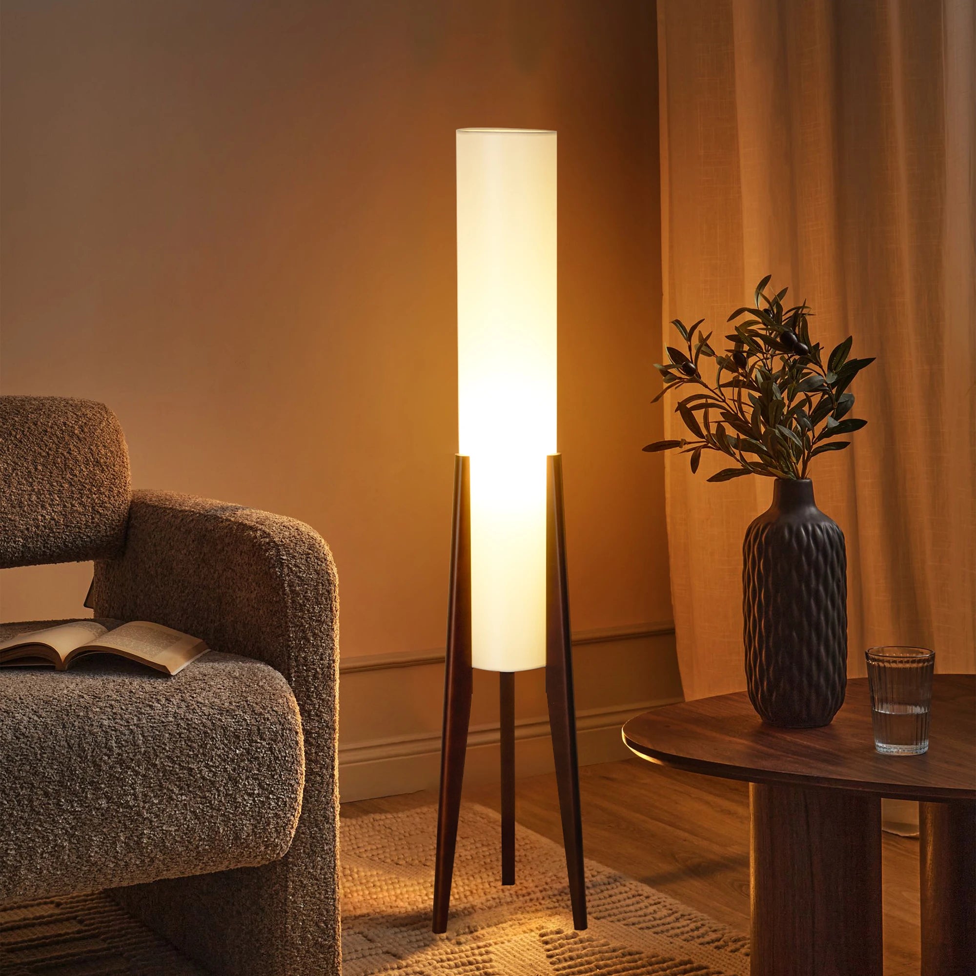 Fabric Floor Lamp Wood Finish Tripod, Cylinder Shade Tall Standing Lamp, Rustic Living Room Floor Lamp, Vintage Style Standing L