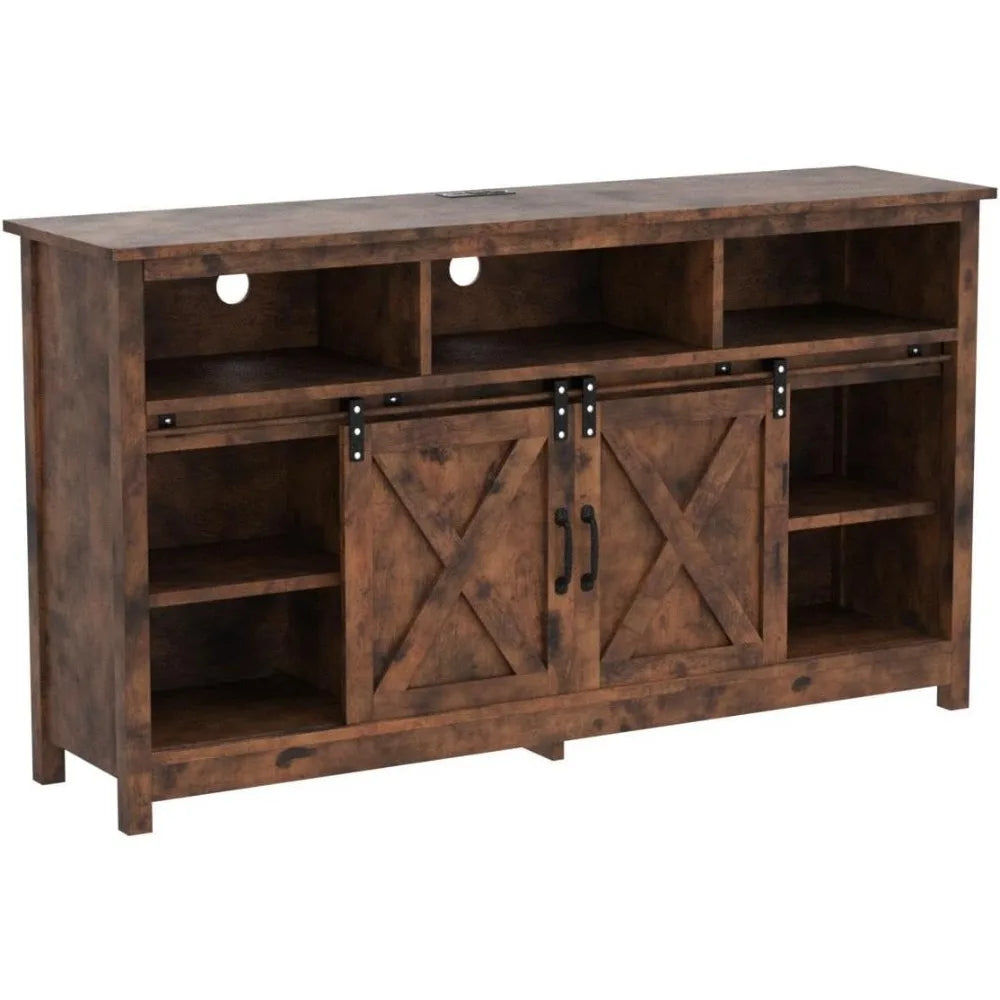 Farmhouse Coffee Bar Cabinet – Rustic Buffet Cabinet with Sliding Barn Door & Power Outlets