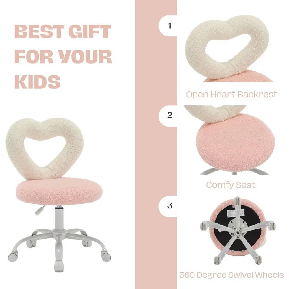 360’ Swivel Kids Chairs Computer Chairs with Wheels，Adjustable Heart Children Chair Study Upholstered Vanity Chai
