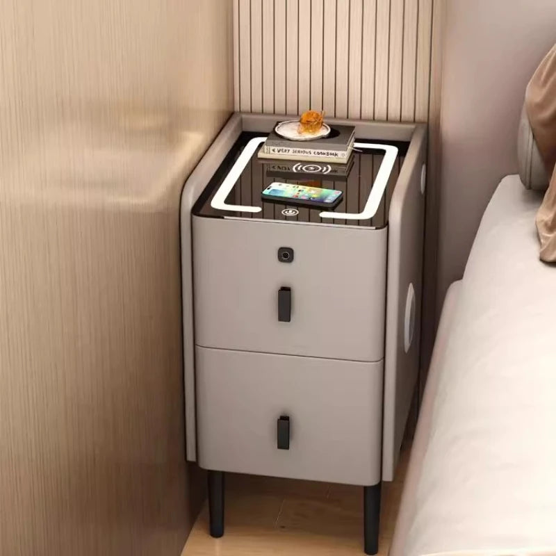 Ultra Narrow Smart Nightstand Luxury Bedside Table Minimalist Solid Wood Storage Cabinet Compact Bedroom Organizer with Charging