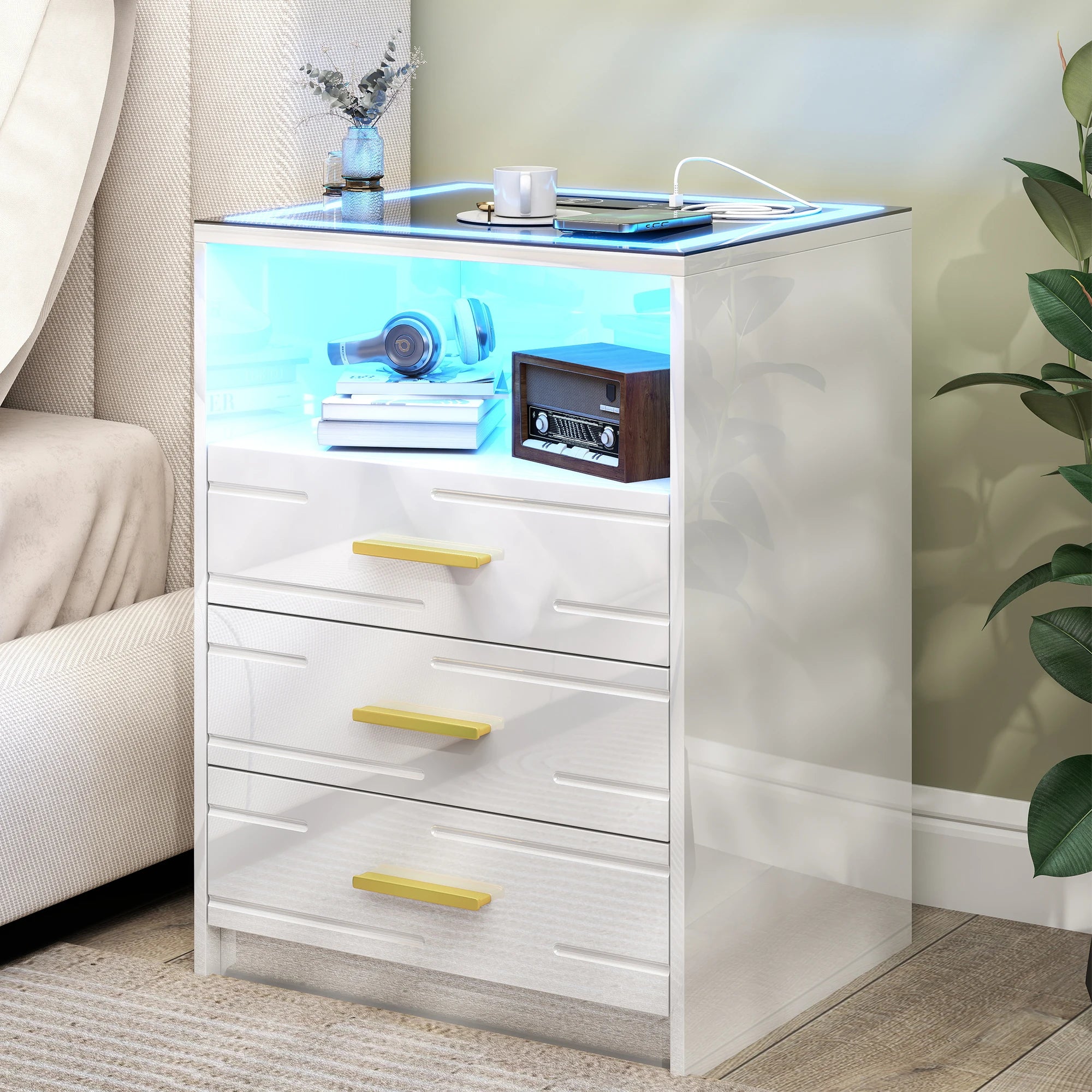 JDPAG LED Bedside Table with Charging Station, High Gloss Nightstand with 3 Drawers, 3 Color Dimmable Light Modern Smart Night