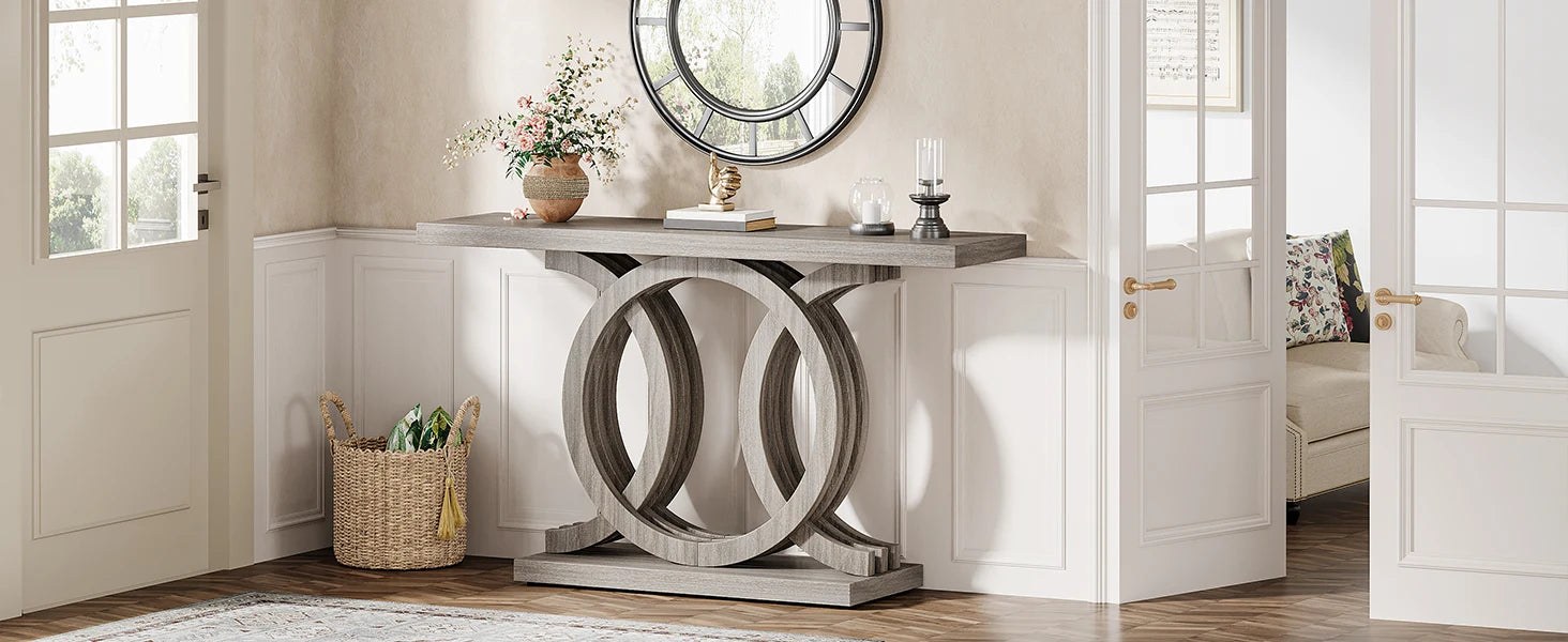 55-Inch Console Table with Geometric Wood Base,Modern Entryway Table with Thick Tabletop for Living Room, Hallway, Foyer (Gray)