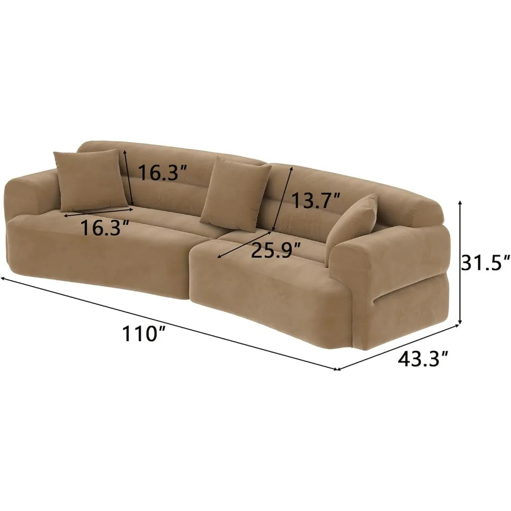 Boneless Couch with Deep Seats, 110" W Curved Lazy Sofa with Soft Armrests and 3 Small Pillows, Lounge Sofa, Big Mid Century