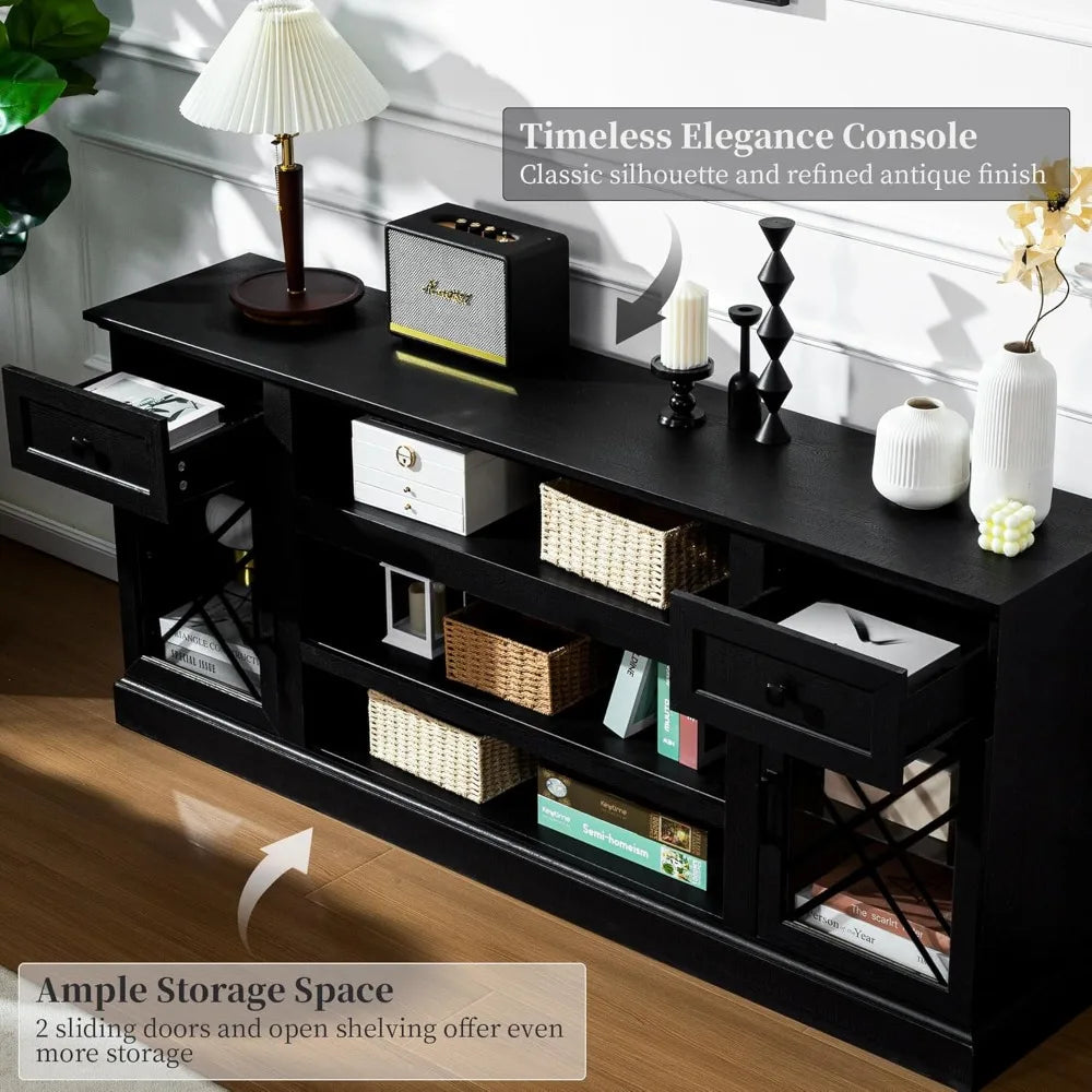 70 Inch Farmhouse TV Stand Table for 75 80 inch TV, Modern Entertainment Center with LED Lights and Glass Doors, Wooden