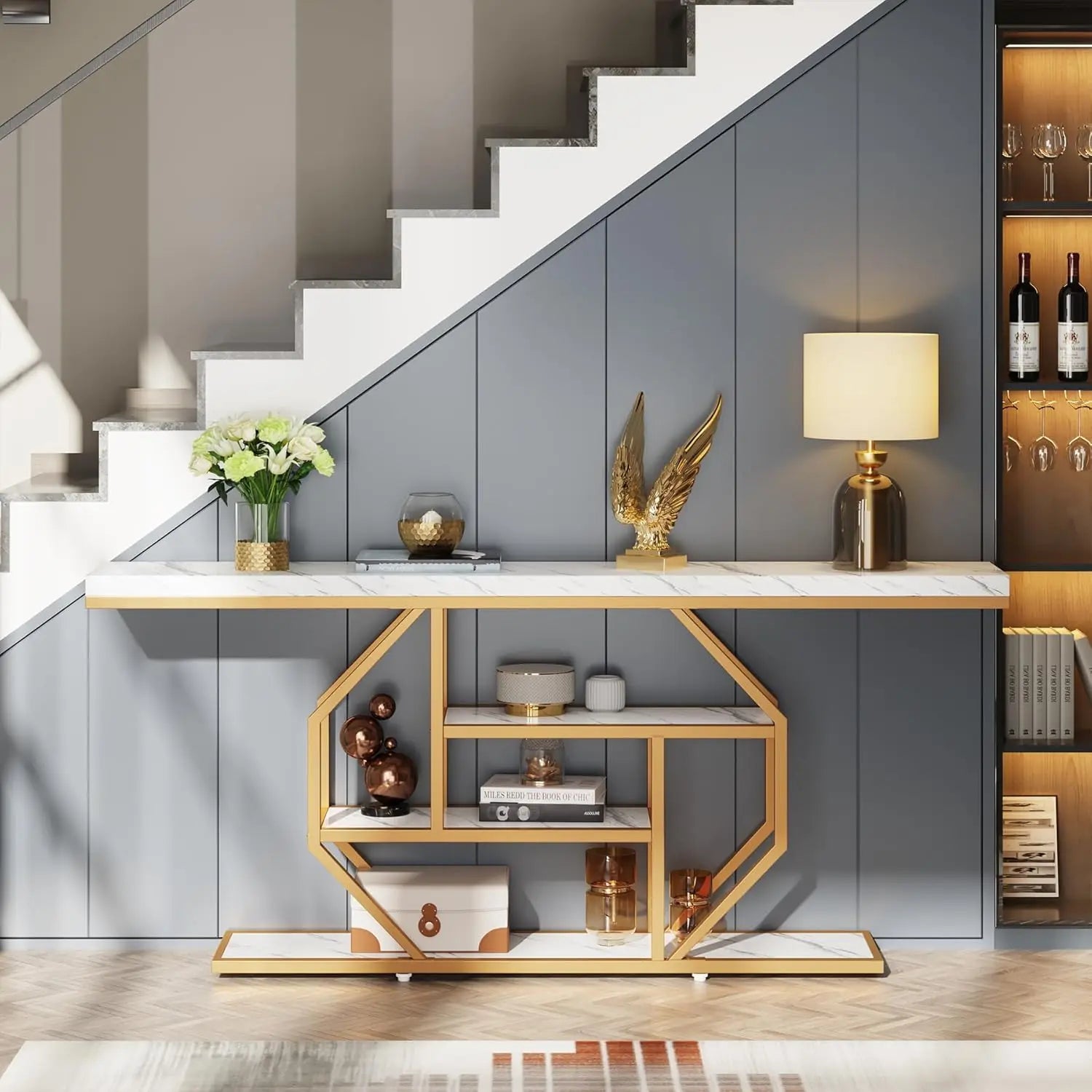 70.9' Modern Gold Console Table with Storage, Faux Marble White Sofa Table for Living Room, Entryway, Hallway