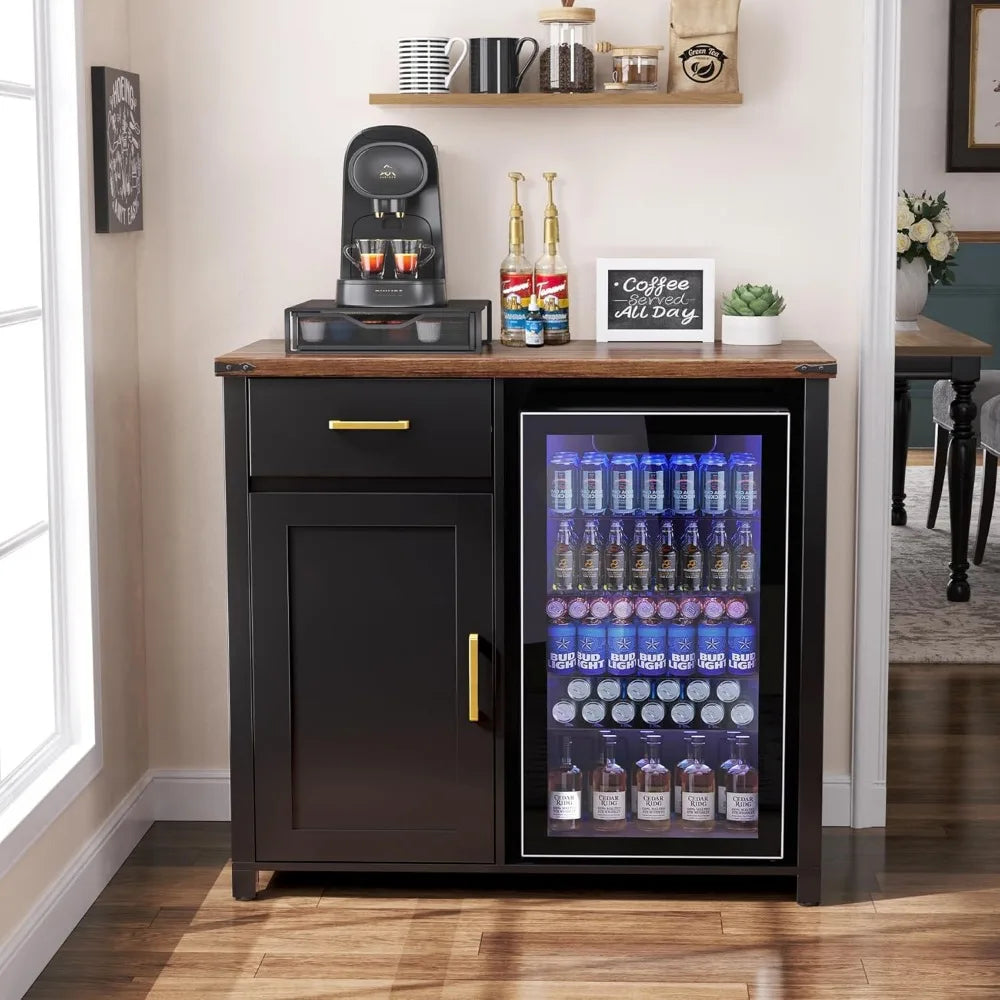 Modern Coffee Bar Cabinet with Mini Fridge Space – Compact Liquor & Wine Stand