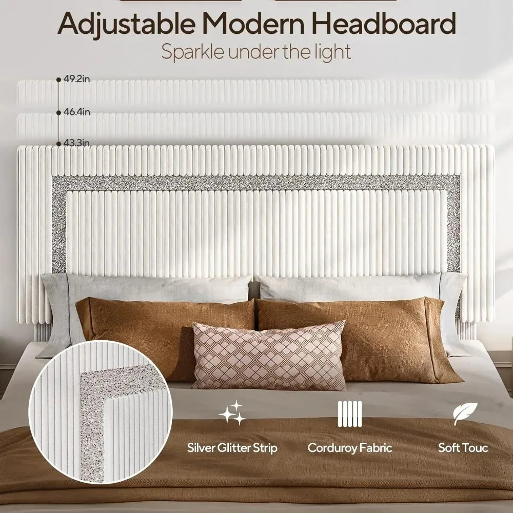 Full Size Corduroy Upholstered Bed Frame with Headboard – LED Platform Bed with Silver Glitter Trim