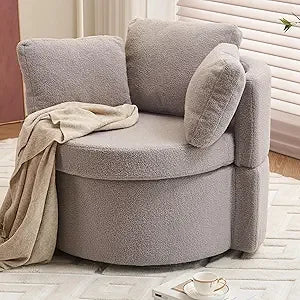 Oversized Swivel Barrel Accent Chair – Modern Bouclé Lounge Club Chair with Pillows