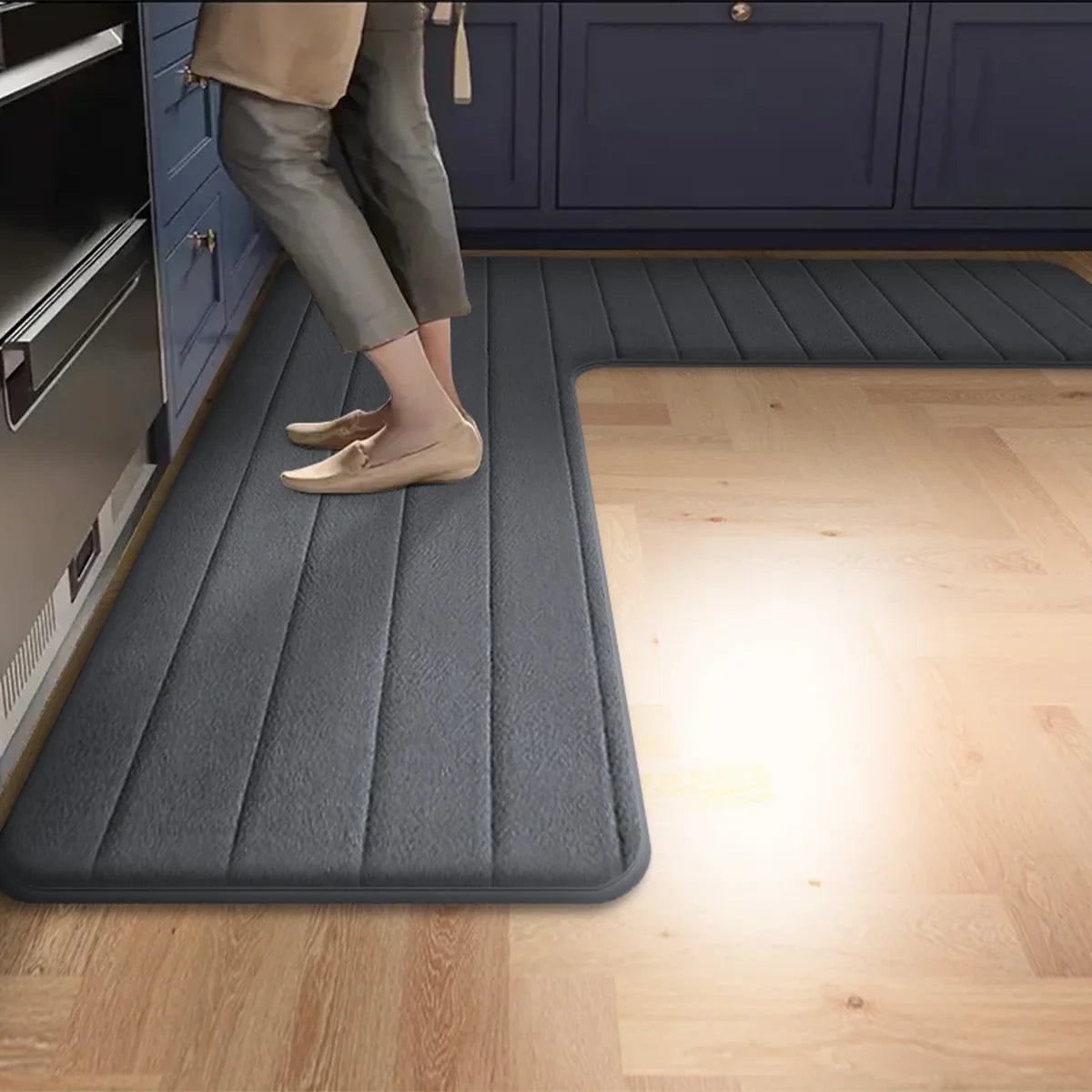 Long Striped Kitchen Floor Mat L-shaped Flannel Water Absorbent Bathroom Carpet Rug Non-slip Toilet Shower Mat Corner Doormat