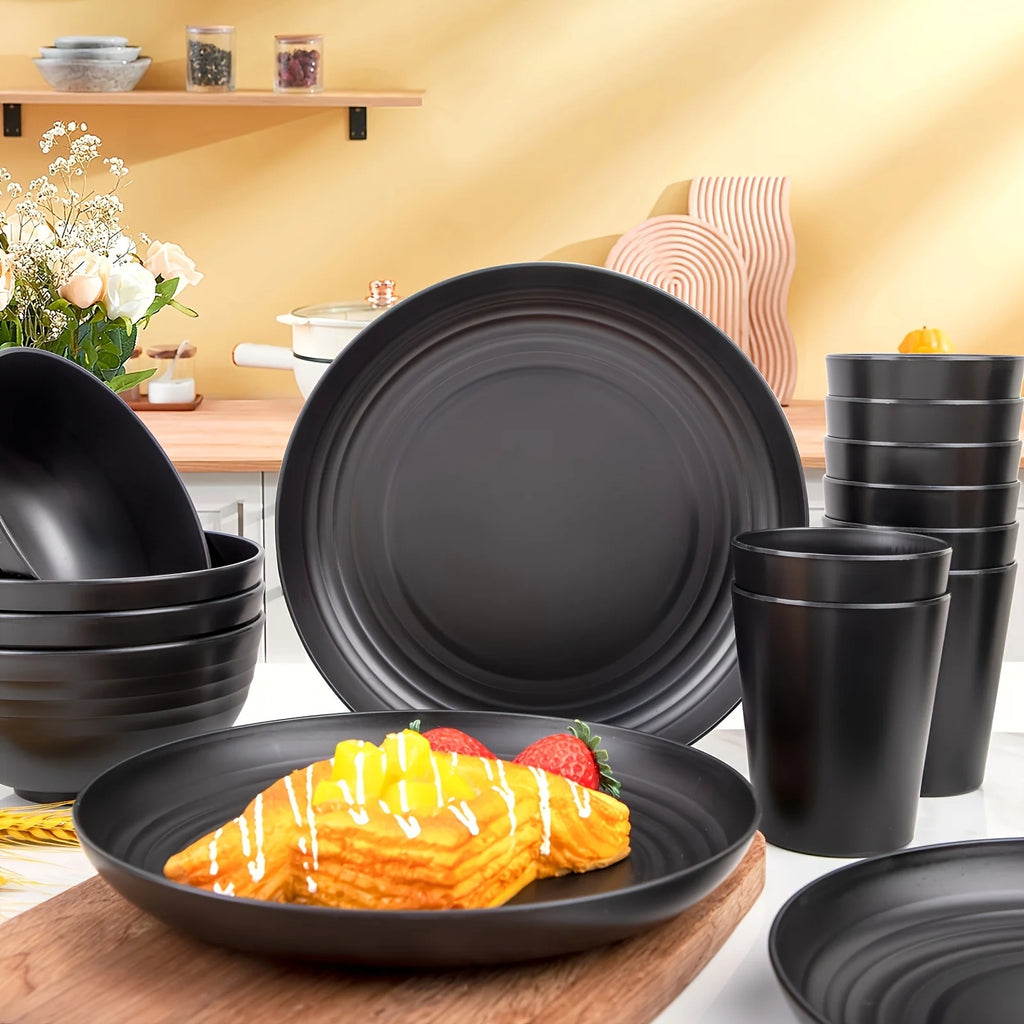 16-Piece Unbreakable Plastic Dinnerware Set – Microwave & Dishwasher Safe Plates, Bowls & Cups