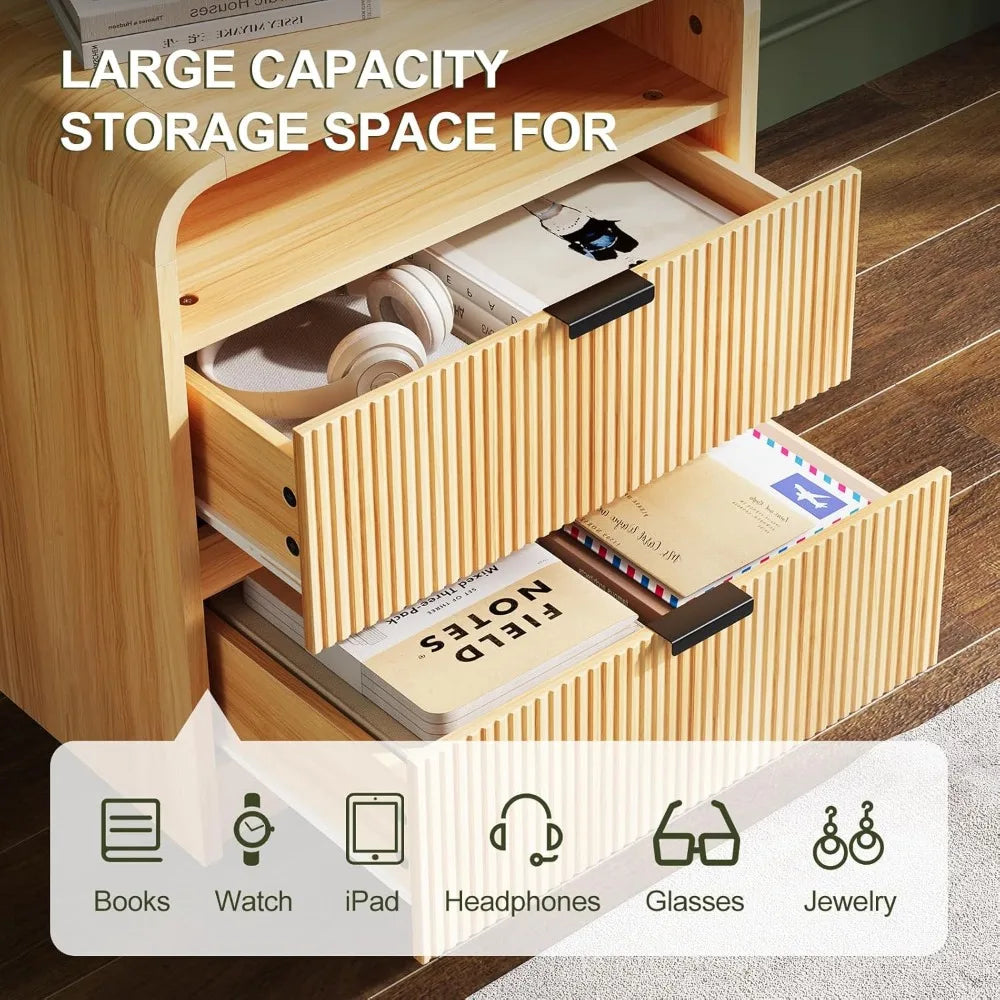 24" Fluted Nightstand with Charging Station, Wooden End Table with 2 Drawers Storage, Curved Profile Design, Modern Bedsi