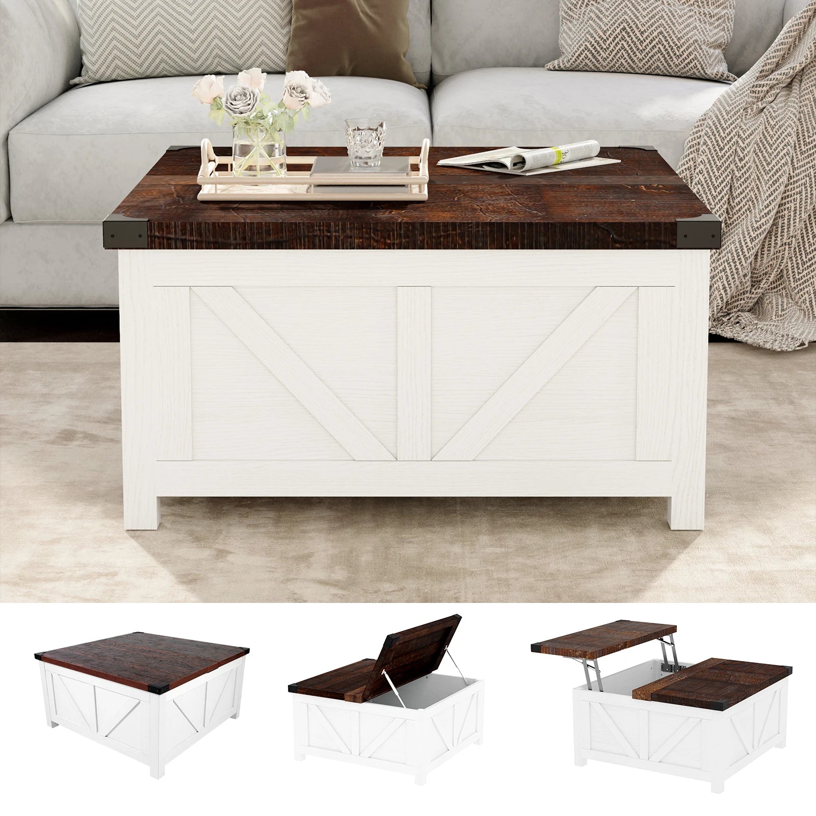 Lift-Top Coffee Table with Storage – 35.6”/40” Square Farmhouse Coffee Table
