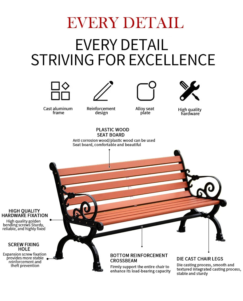 High Quality Outdoor Metal Bench Garden Park Chair with Environmental Protection Plastic Wood Wave Shape