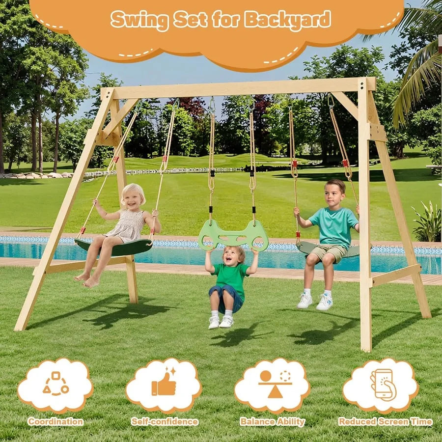 All-Spruce Wooden Swing Set – Backyard Playground with 2 Belt Swings & Trapeze