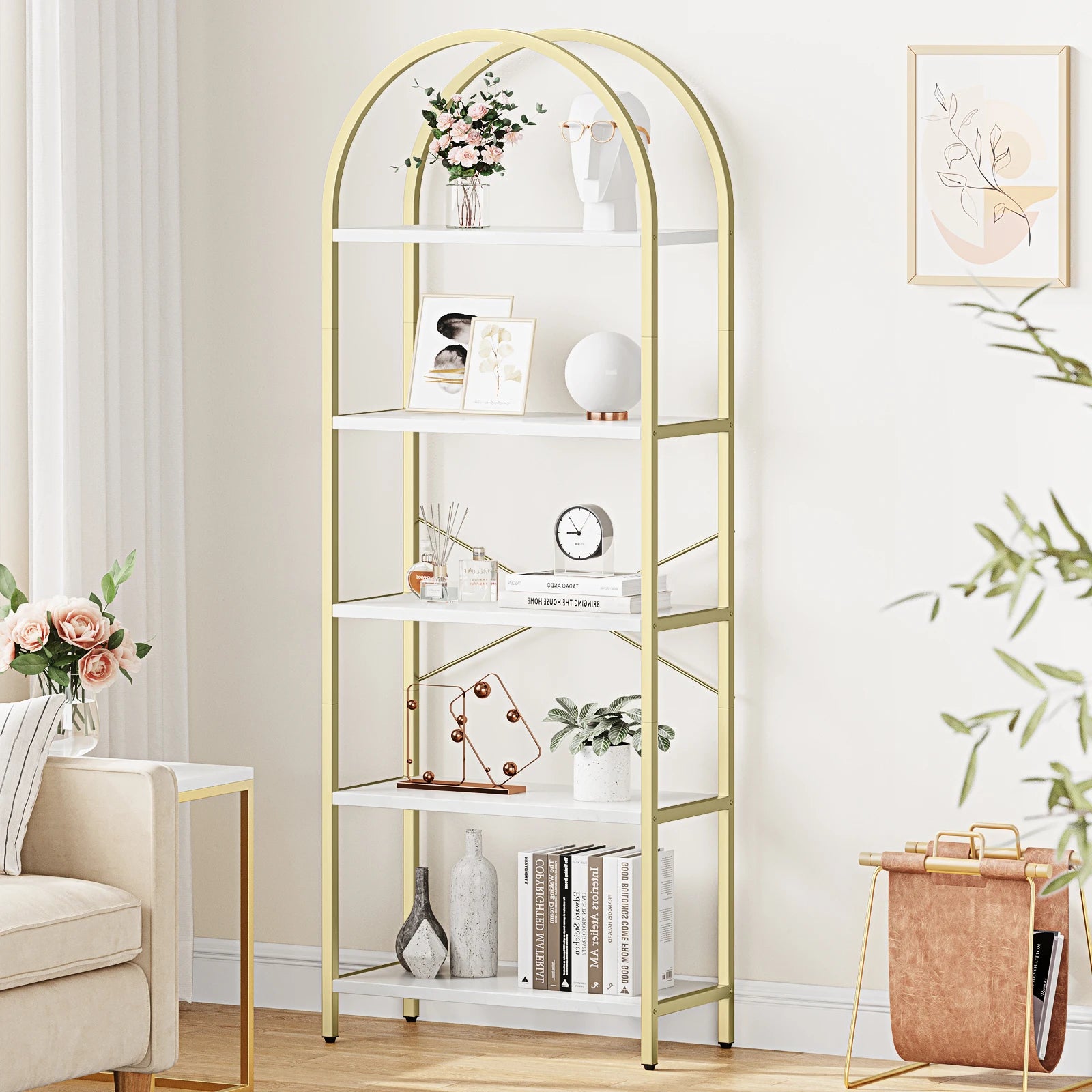 5-Tier Arched Bookshelf – Tall Standing Display Shelf with Metal Frame
