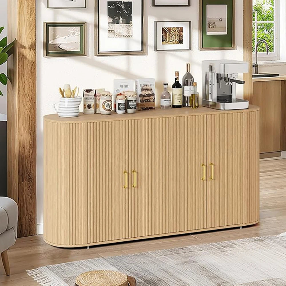 63" Sideboard Buffet Cabinet with Storage, Modern Fluted Accent Credenza with Adjustable Shelves, Wood Coffee Bar with Curved