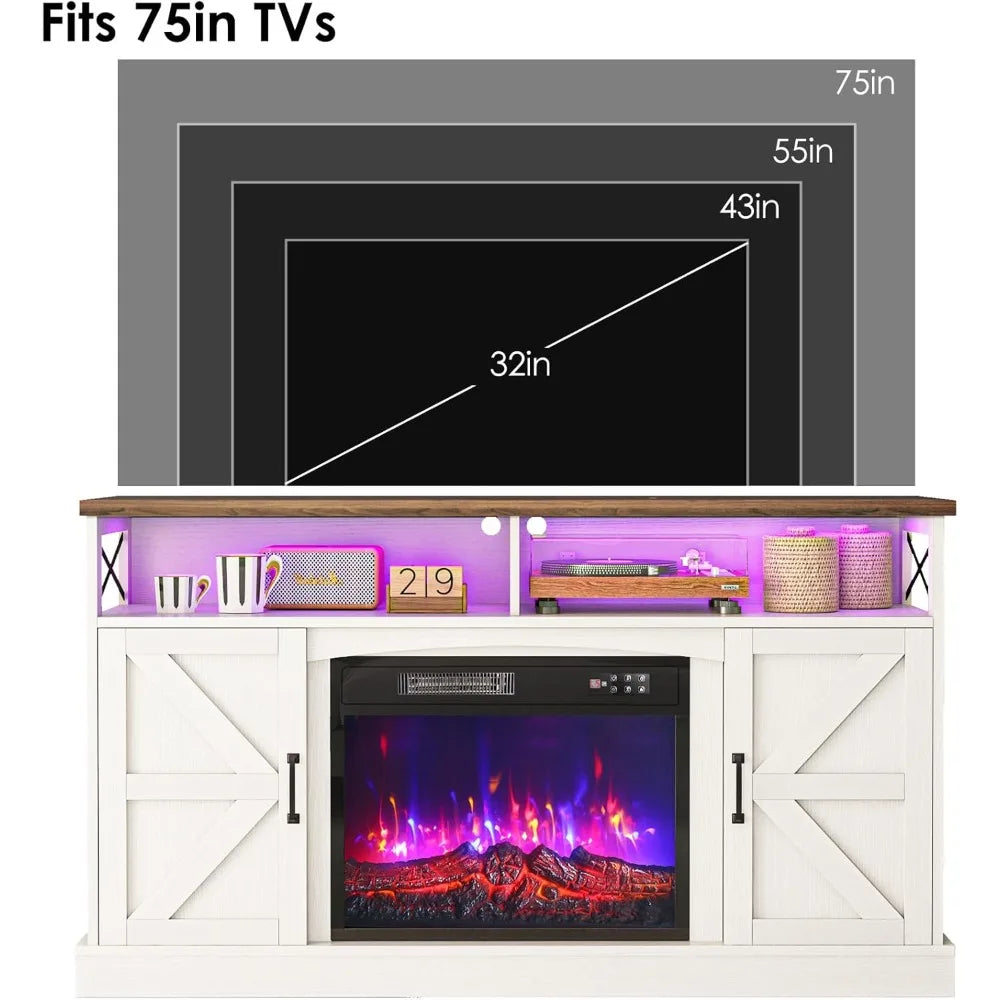 TV Stand with Fireplace, 59in Entertainment Center with LED Lights, for 65 inch TVs, with Opening Shelves and Storage Cabinets