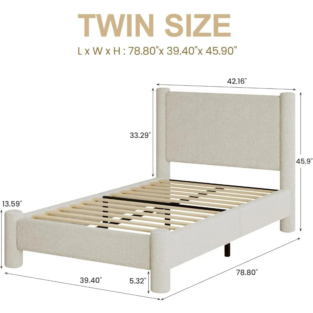 Twin Size Bouclé Upholstered Platform Bed Frame with Headboard & Footboard – Soft Rounded Corners