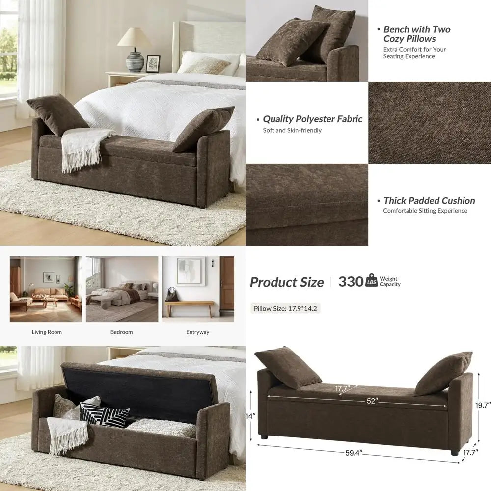 Modern Storage Bench with Throw Pillows – 59.4″ Extra-Long End-of-Bed Ottoman