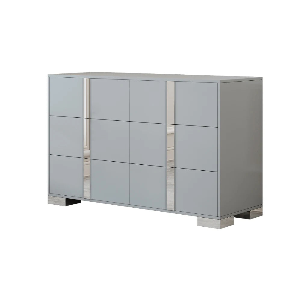 Elegant Modern Dresser with Metal Handle,Mirrored Storage Cabinet with 6 Drawers for Bedroom,Living Room,Gray