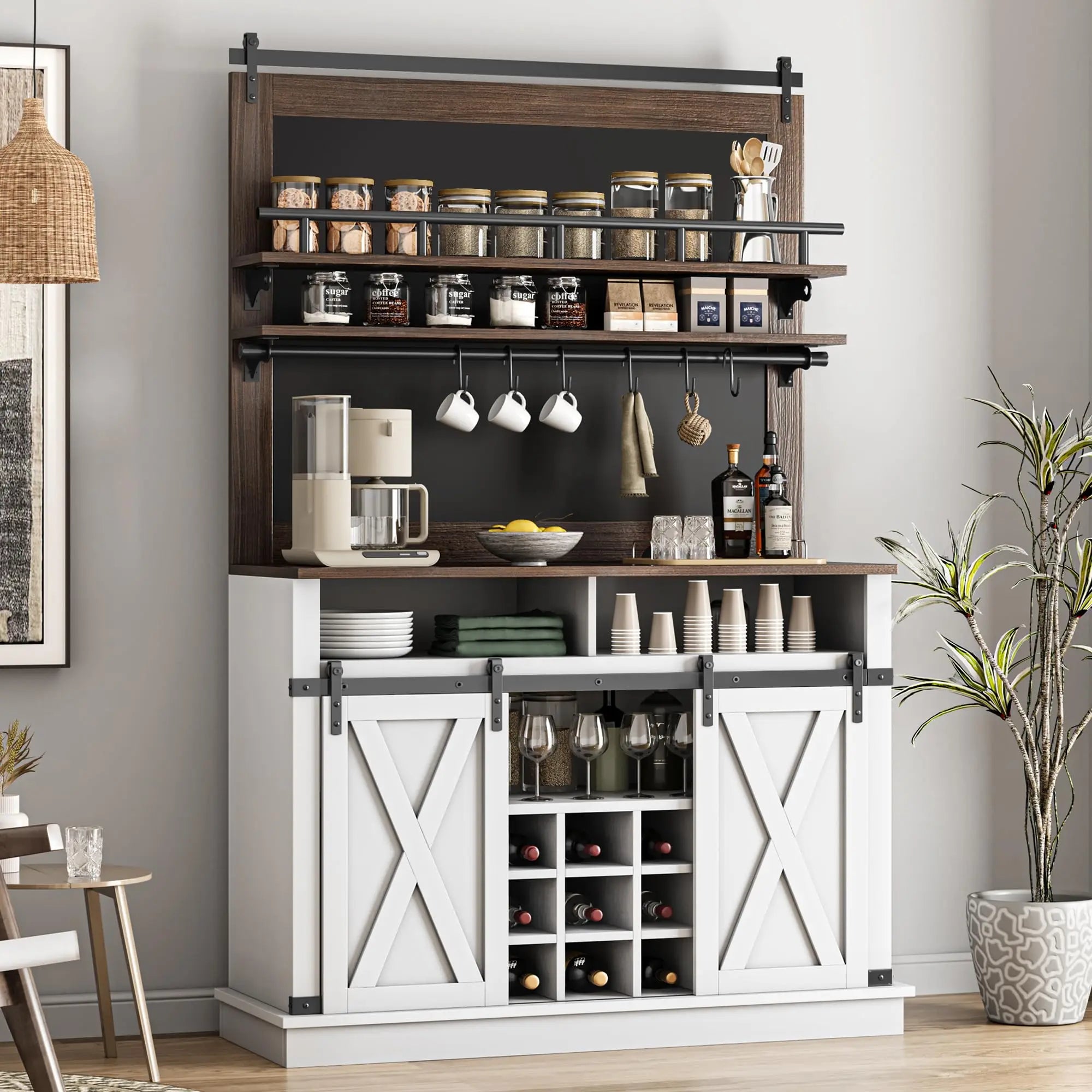 75″ Tall Farmhouse Bar Cabinet – Coffee Hutch with Sliding Barn Door