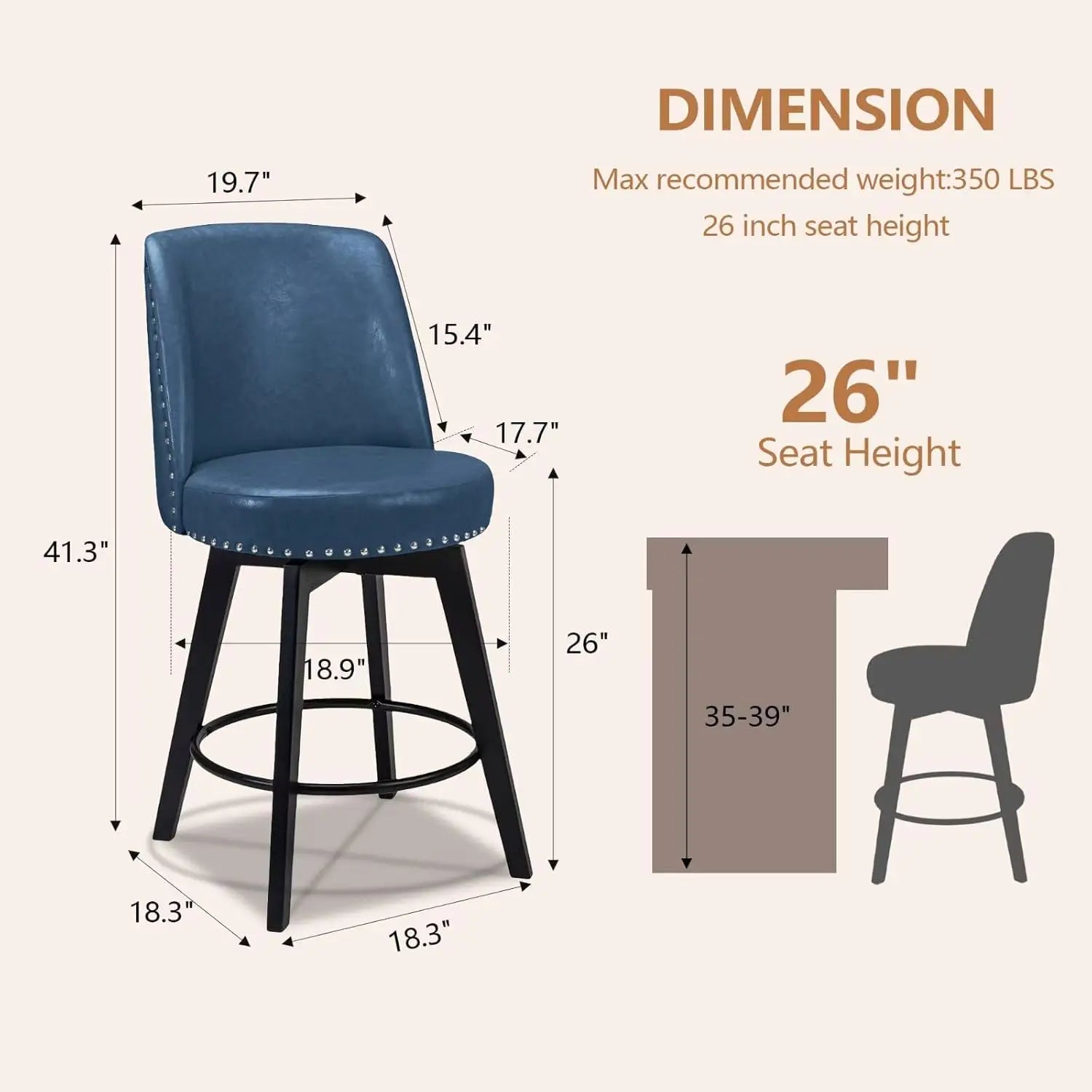 Swivel Counter-Height Bar Stools – PU Leather High Back with Footrest (Navy Blue)