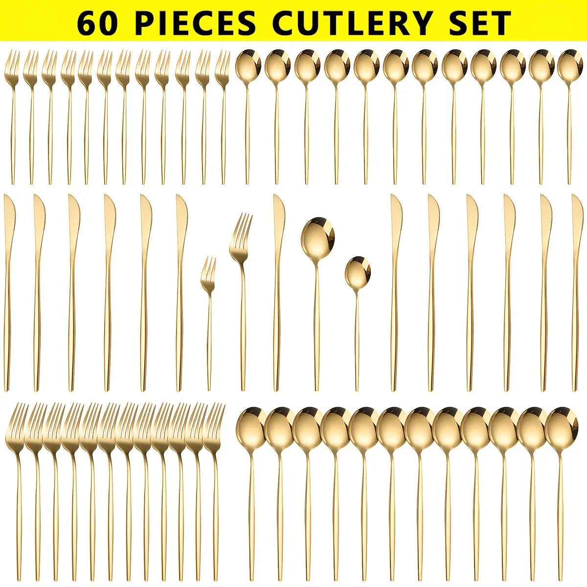 60pcs Stainless Steel - Luxe Golden Cutlery Set, Mirror Polished, Dishwasher Safe, Includes Knives, Forks & Spoons in Gift Box,