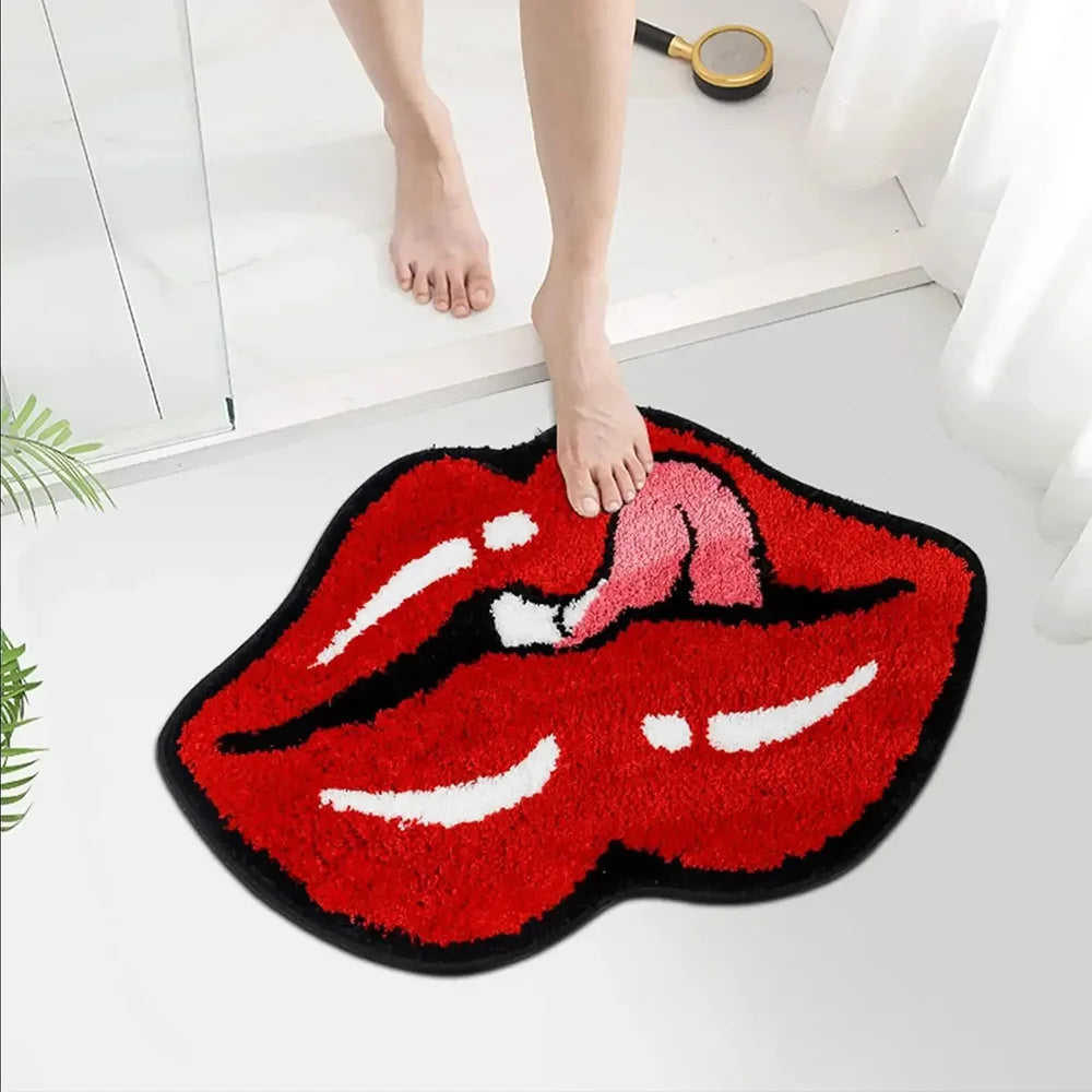 Red Lips Print Faux Wool Rug - Non-Slip Entryway Doormat, Bathroom & Windowsill Carpet, Durable Washable Home Decor
