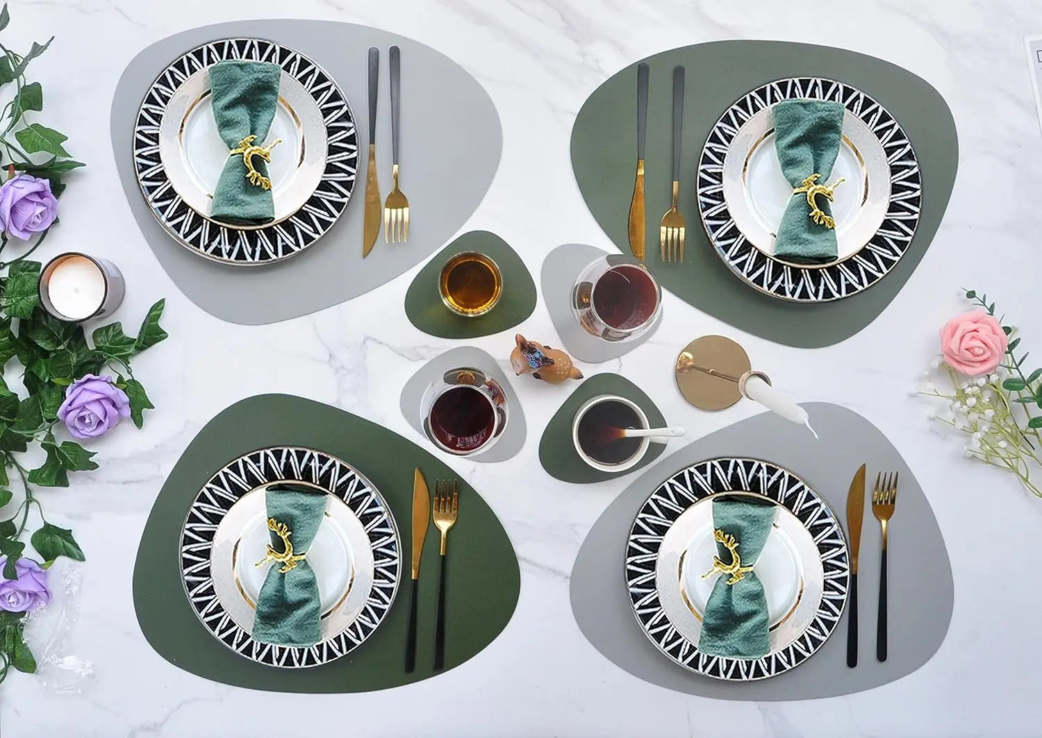 Irregular Shape PU Leather Placemats Set Oil-Proof Waterproof Dual-Sided Place Mats for Kitchen Bistro Tables Bars Coffee Shops